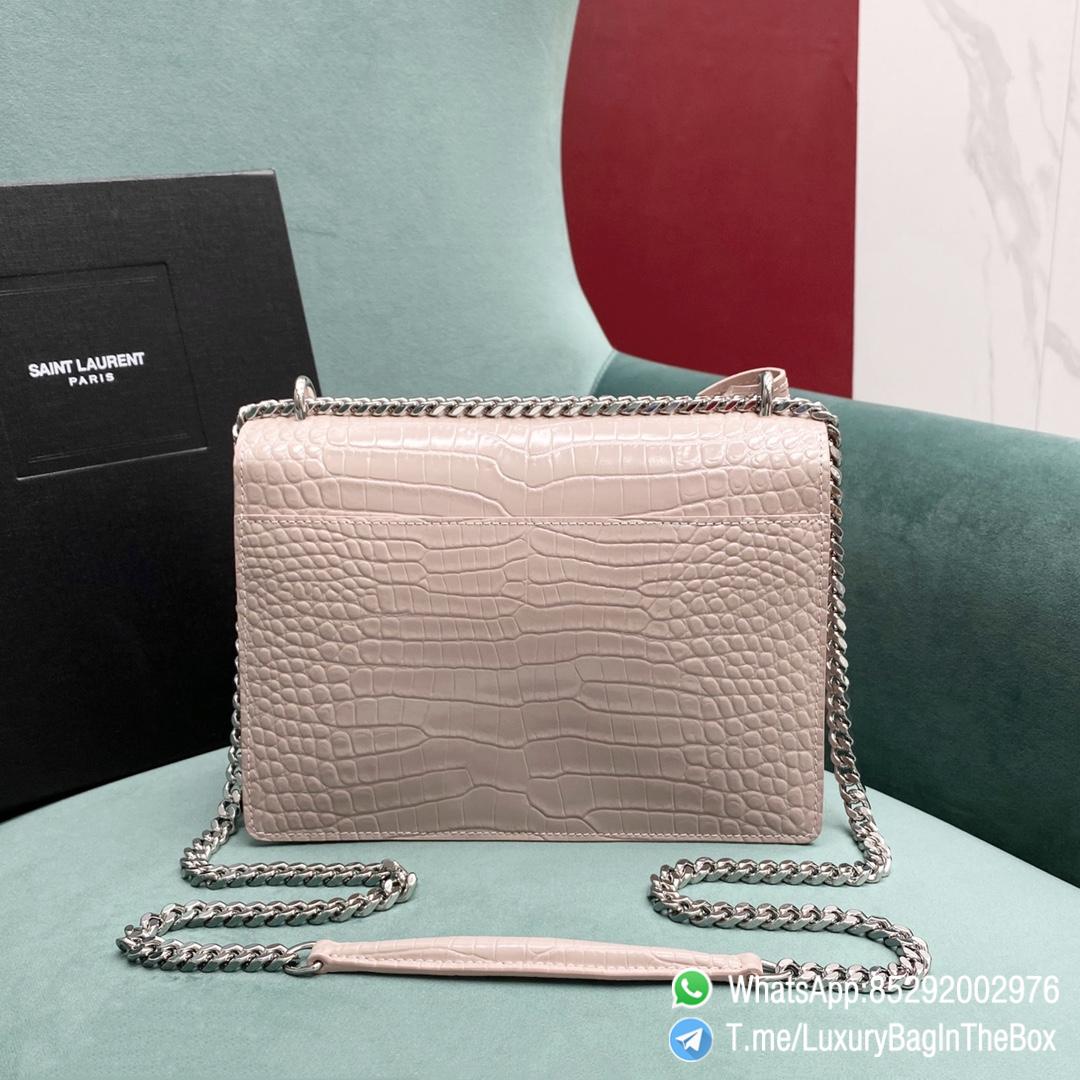 YSL Sunset in Dark Beige Crocodile Embossed Shiny Leather with Front Flap Chian and Leather Should Strap Silver Metal Handware YSL Initials SKU 442906DND0J2721 03