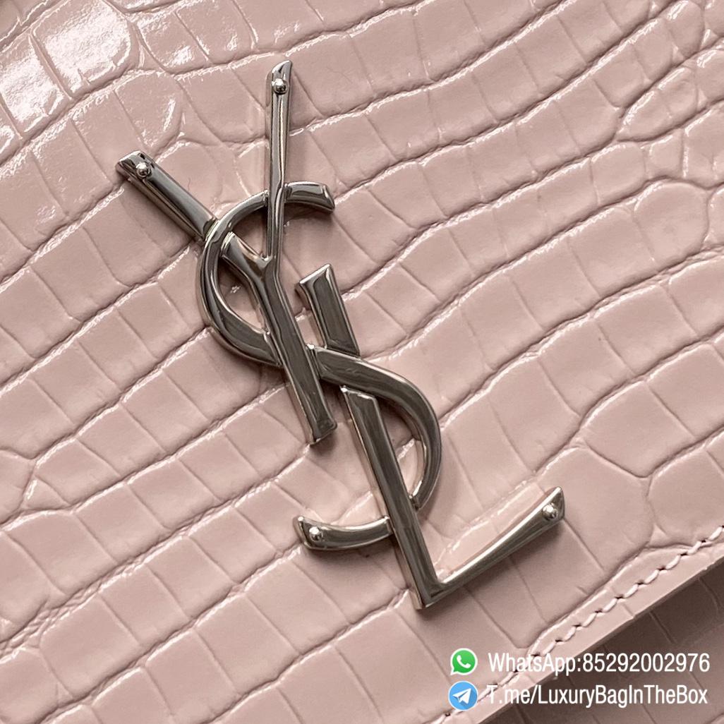 YSL Sunset in Dark Beige Crocodile Embossed Shiny Leather with Front Flap Chian and Leather Should Strap Silver Metal Handware YSL Initials SKU 442906DND0J2721 09